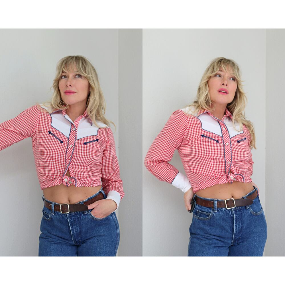 1980's Western Avante West Gingham & Pearl Snap Western Shirt Women's XXS XS SM